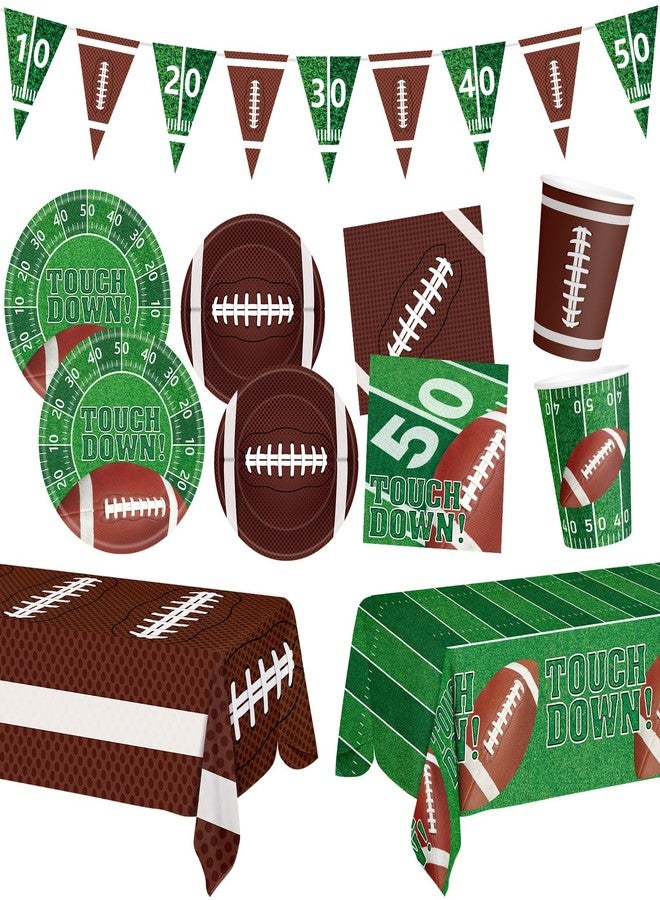 Litmitfu 99 Pcs Football Party Supplies Sets, Includes Touchdown Dinner Plates, Dessert Plates, Napkins, Rugby Tablecloths, Cups and Banner for Football Birthday Gameday Tailgate Party Decorations, Serves 24 - Image 1